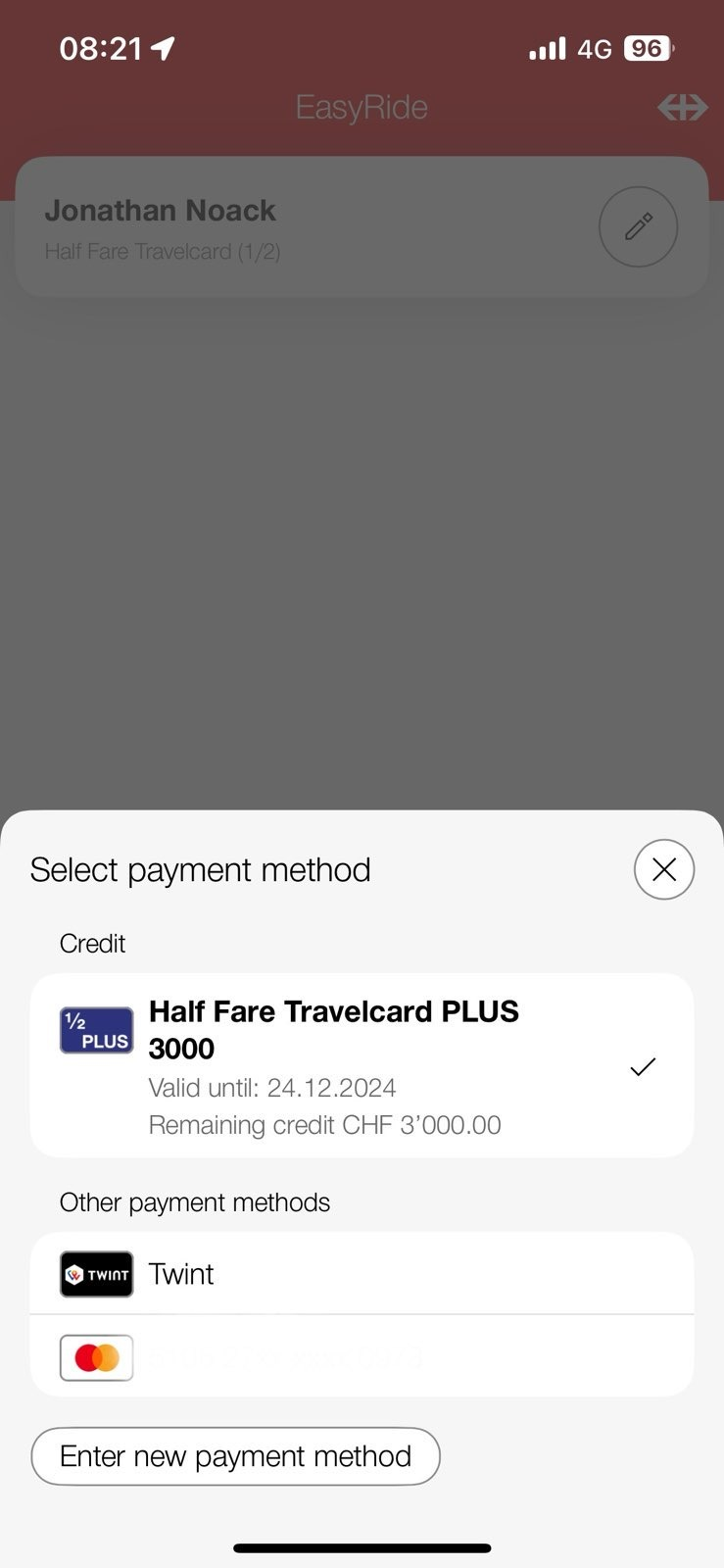 Screenshot der SBB App mit dem Halbtax Plus als Zahlungsmittel